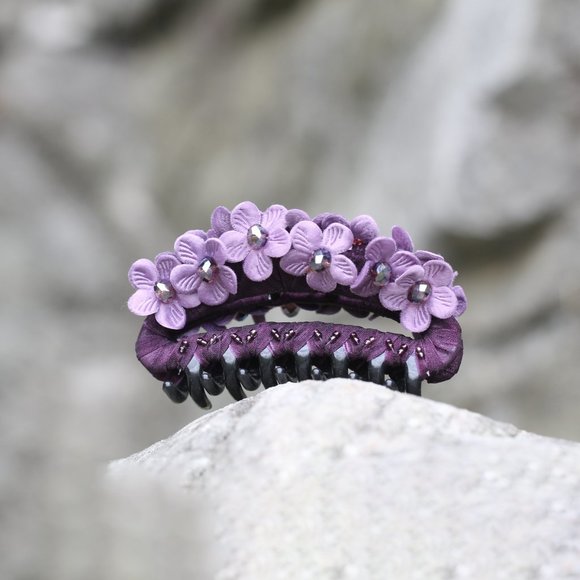 Handmade Dark Purple Floral Hair Claw Jaw Clip for Her Crystal Barrette Clip - Picture 2 of 7